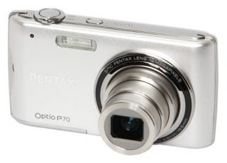 Silver Pentax Optio P70 digital camera on white background.