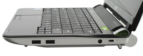 Close-up of Acer Aspire One D150 Netbook's keyboard and ports