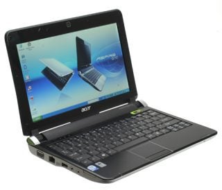 Acer Aspire One D150 netbook with screen displaying wallpaper