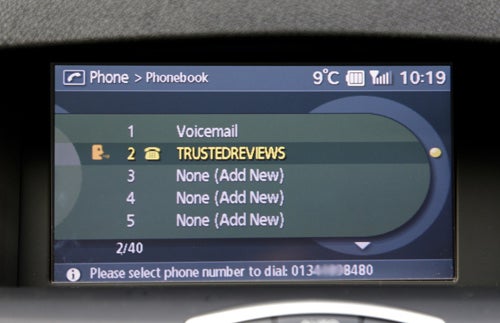 Renault Laguna Coupe infotainment screen displaying phonebook.