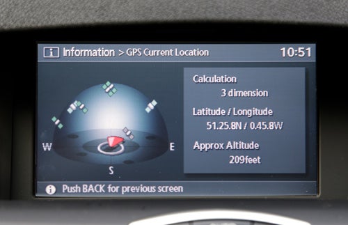 Renault Laguna Coupe's navigation system display showing GPS coordinates.