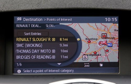 In-car navigation system screen showing map and points of interest.