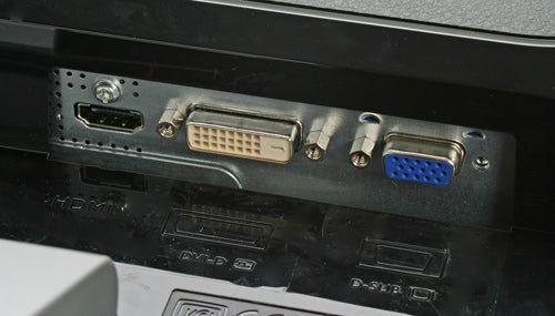 Close-up of BenQ E2200HD monitor's HDMI, DVI, and VGA ports.