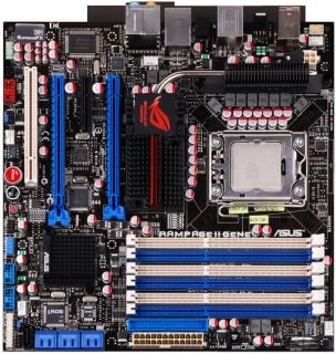 Asus Rampage II Gene motherboard close-up view.