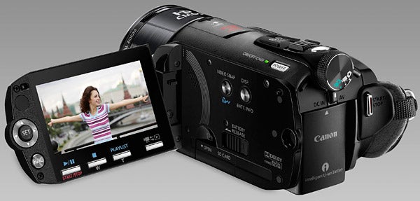 Canon Legria HF S10 camcorder with flip-out LCD screen.