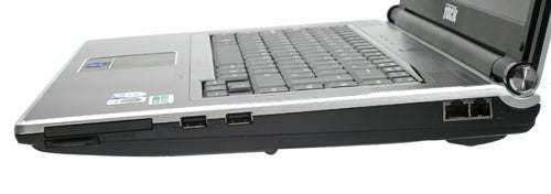 Side view of open Rock Xtreme 620 gaming laptop.