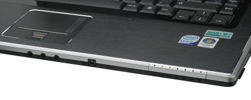 Close-up of Rock Xtreme 620 gaming laptop with Intel sticker.