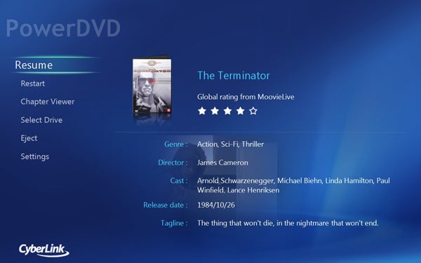 Screenshot of Cyberlink PowerDVD 9 interface with movie details.