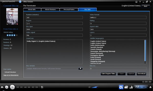 Screenshot of Cyberlink PowerDVD 9 Ultra interface with movie details.