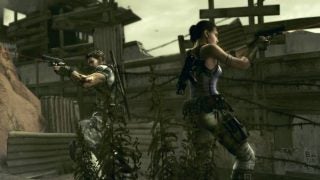 Two characters aiming guns in Resident Evil 5 gameplay scene.