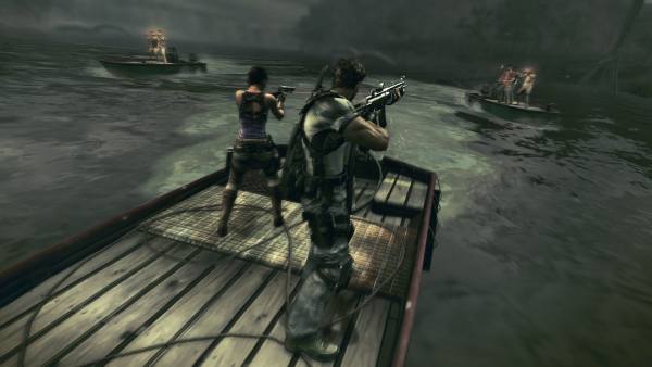 Screenshot from Resident Evil 5 showing characters on a boat.