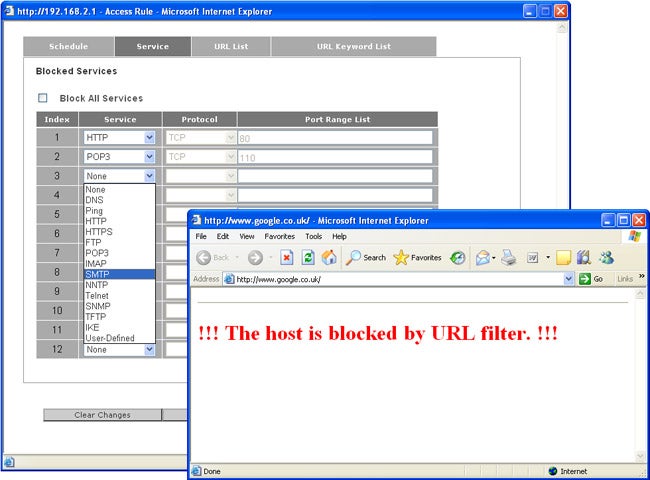 Screenshot of Belkin router access rule interface with blocked website message.