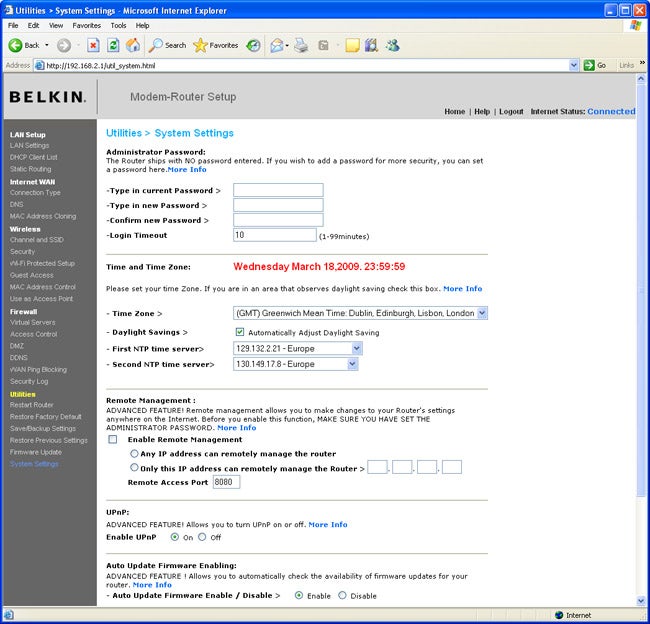 Screenshot of Belkin router web interface for system settings.