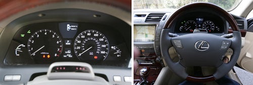 Dashboard and steering wheel of a Lexus LS600h L vehicle.