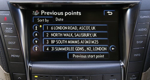 Lexus LS600h L's navigation system screen with destination history.