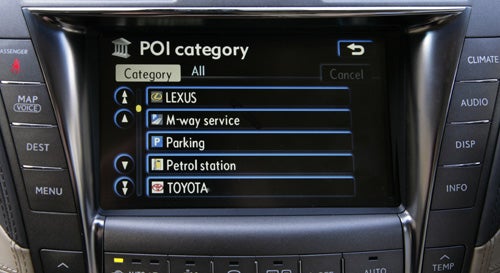 Lexus LS600h L navigation system screen with POI categories