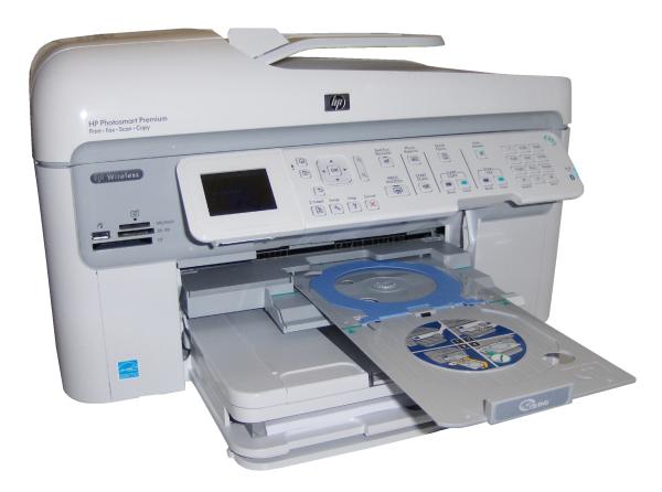 HP Photosmart Premium Fax All-in-One printer with open trays.