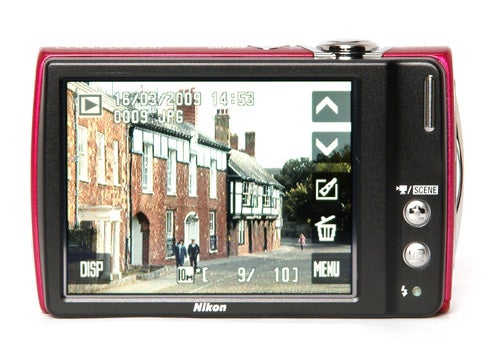 Nikon CoolPix S230 camera displaying a photo on its screen.