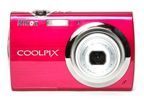 Pink Nikon CoolPix S230 digital camera on white background.