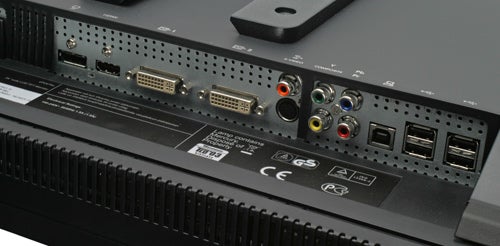 HP LP2475w monitor's connectivity ports and certification labels.