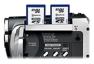 JVC Everio GZ-MS120 camcorder with dual SD card slots.