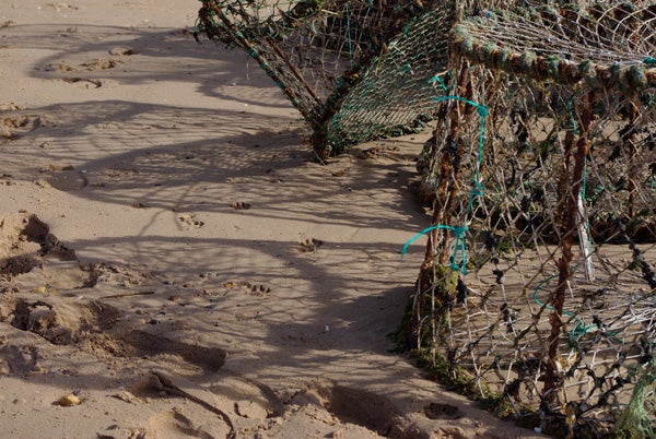 Weathered fishing net on sandy beach with shadows.