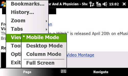 Screenshot of Torch Mobile Iris Browser's view mode menu options.