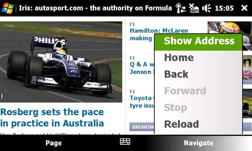 Screenshot of Iris Browser 1.1.5 displaying a Formula 1 website
