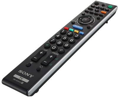 Sony Bravia TV remote control on white background.