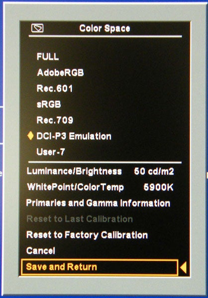 HP DreamColor monitor displaying color space settings menu.