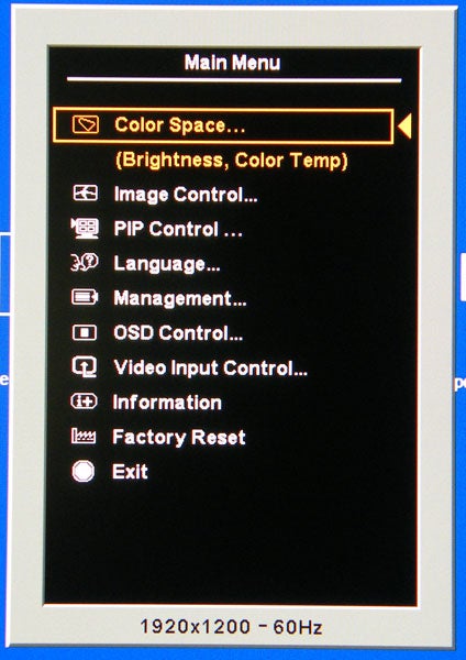 HP DreamColor Monitor on-screen display menu with resolution details.
