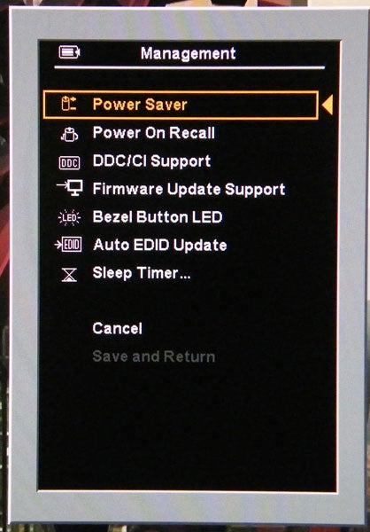HP LP2480zx monitor displaying management menu options.