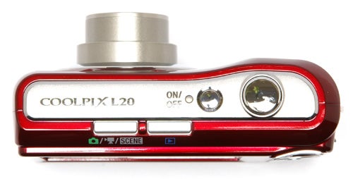 Nikon CoolPix L20 camera in red on white background.