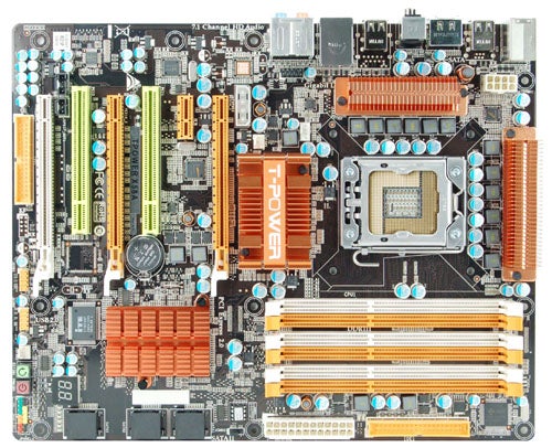 Biostar TPower X58A motherboard from a top-down view.