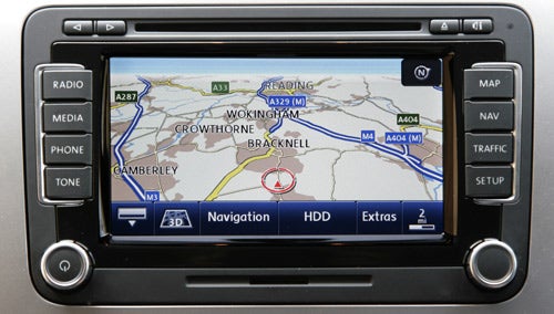 Volkswagen Scirocco navigation system display showing a map.Volkswagen Scirocco GT navigation system displaying a map.