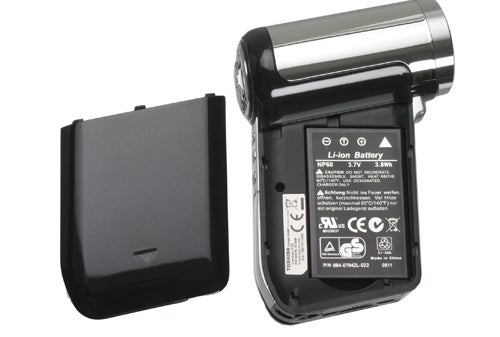 Toshiba Camileo P30 camcorder with exposed battery compartment.