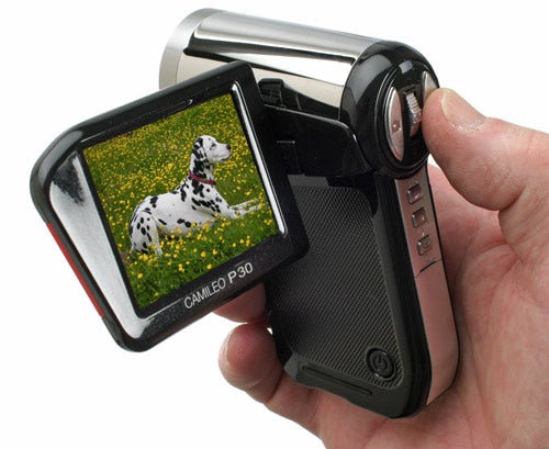 Hand holding Toshiba Camileo P30 camcorder with dog on screen.