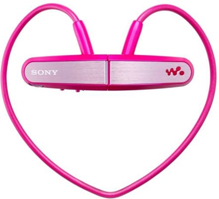 Pink Sony Walkman NWZ-W202 MP3 player shaped like a heart.