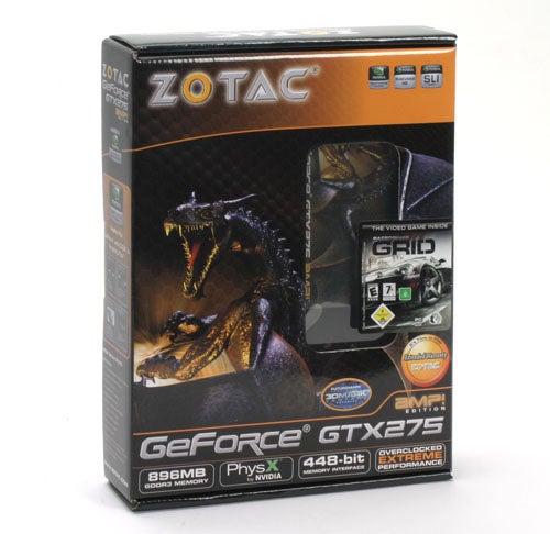Zotac NVIDIA GeForce GTX 275 graphics card packaging.