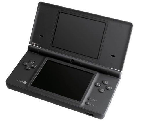 Black Nintendo DSi handheld console open on white background.