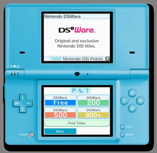 Blue Nintendo DSi console with DSiWare screen displayed.
