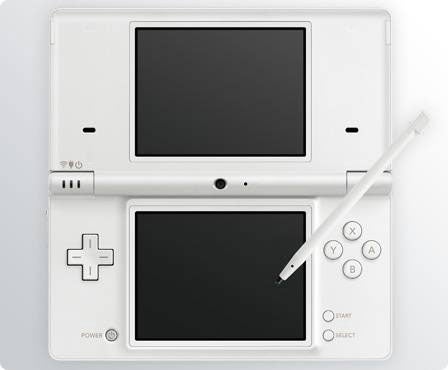 White Nintendo DSi console with stylus on top screen