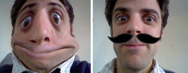 Man using DSi camera effects to warp face and add mustache.