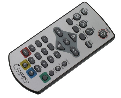 Compro VideoMate W800F remote control on white background.