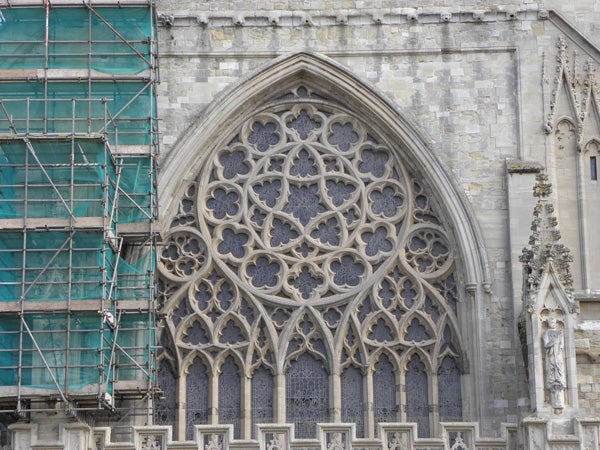 Detailed photo of cathedral architecture with scaffolding