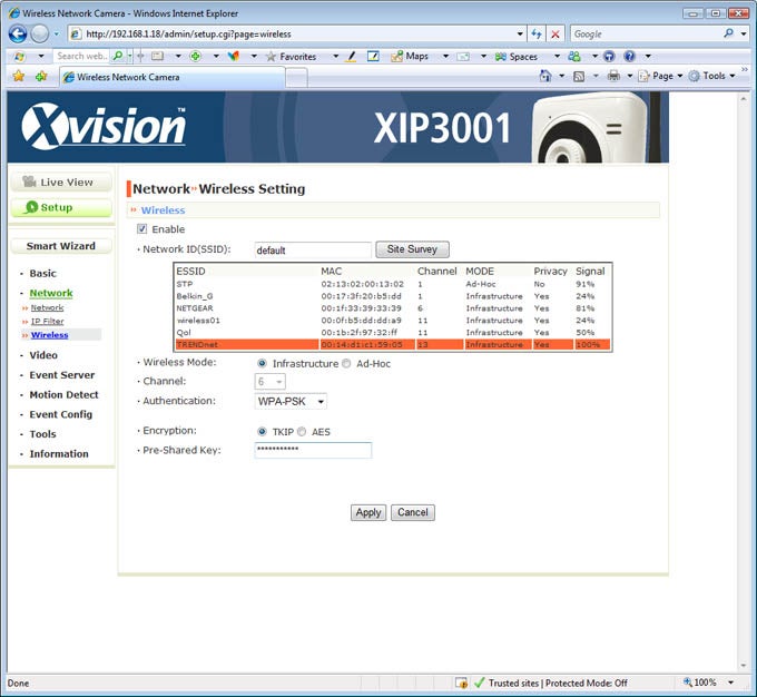 Screenshot of Xvision XIP3001 IP Camera's wireless settings interface.