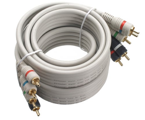 Coiled white component cable with red, green, and blue connectors.