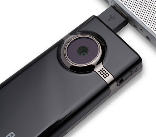Close-up of a Flip Video Mino HD camcorder.
