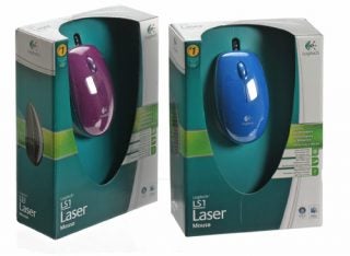 Logitech LS1 Laser Mice in purple and blue colors in packaging.