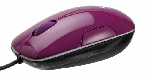Purple Logitech LS1 laser mouse on white background.